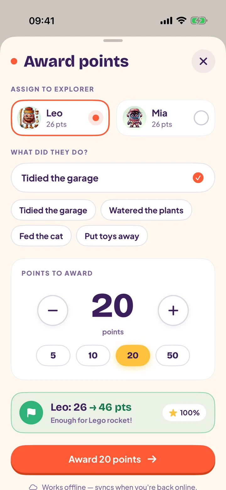 The Award points sheet: pick a child, describe what they did, set the points with a stepper and see the new balance before saving.
