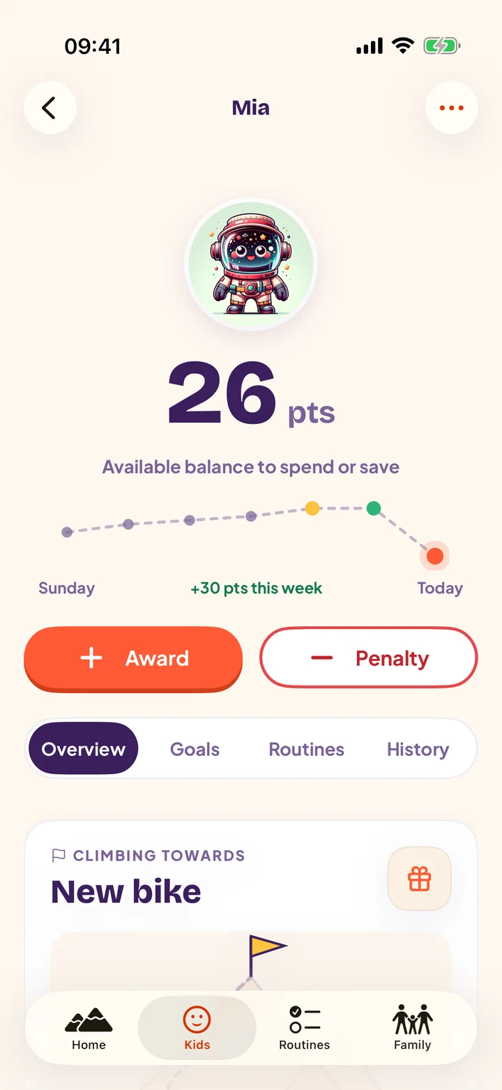 A child's page: their balance, a footprint trail of the week, Award and Penalty buttons, and their goal drawn as a mountain with their dot on the trail.