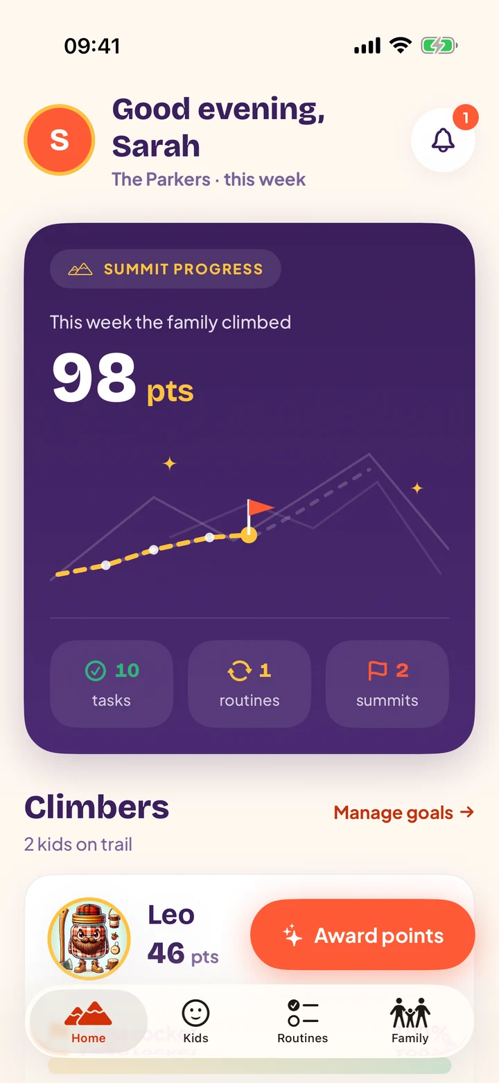 Goaly's Home tab: the points the family climbed this week on a trail chart, then each child as a Climber with their points and an Award points button.