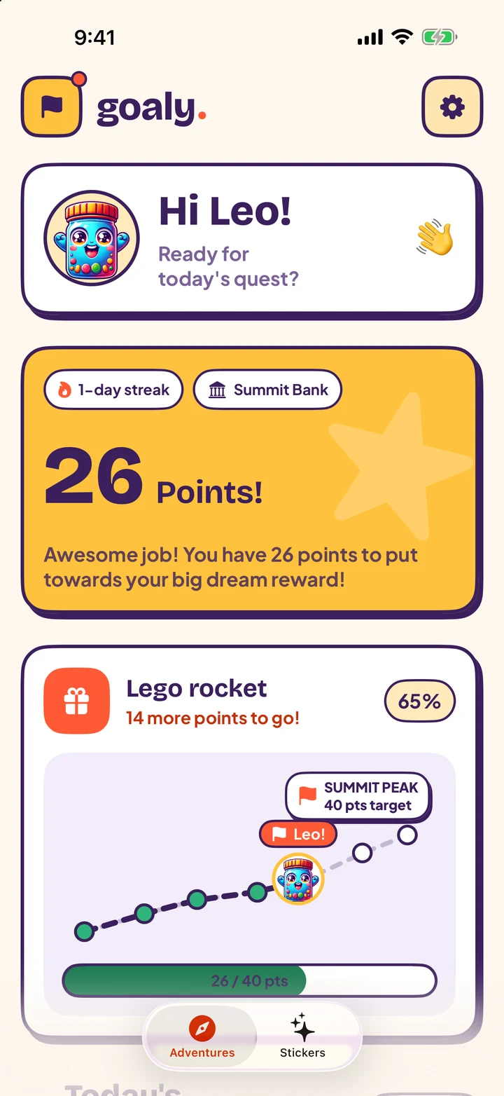Kid mode: a hello card, the child's points, their goal trail and today's adventures as big cards.
