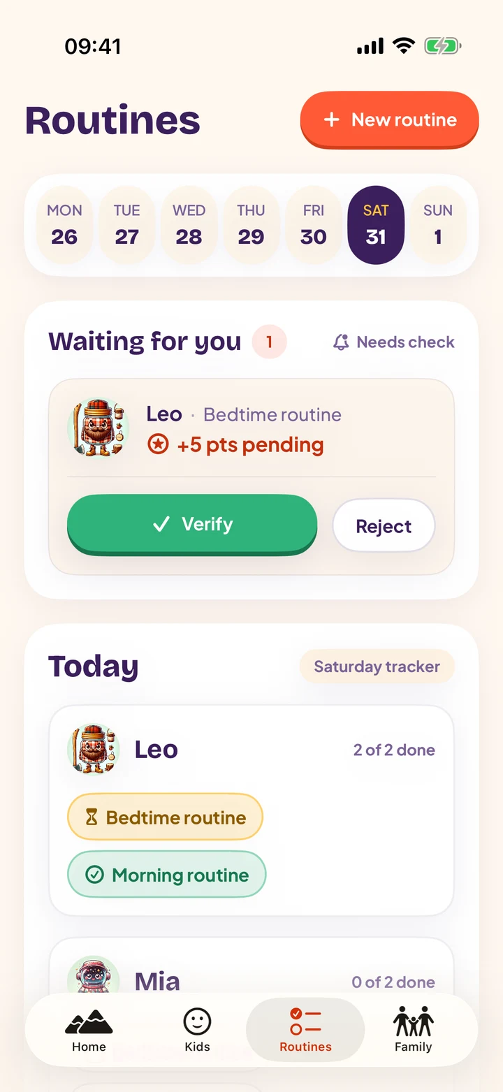 The Routines tab: a week strip, routines waiting for a grown-up to verify, each child's day and their streaks.