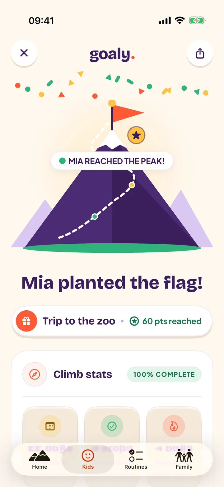 The summit reached screen: confetti over a mountain with the trail climbed and a flag planted, the goal and its points, and buttons to celebrate and pick the next summit.